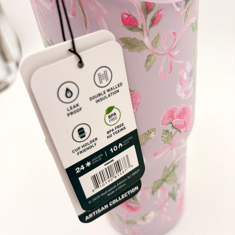 Hydrapeak Artisan Collection 30oz Tumbler Lavender Floral Bows Insulated Mug NEW - Picture 4 of 4